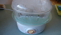 在蒸鍋中倒入適量的水，水燒開后，放入清洗好的鮑魚，蒸上大約10分鐘；