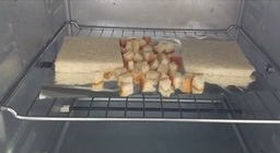 土司去掉邊切成小塊和麵包丁一起放進烤箱180度烤5分鐘；