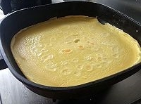 容器中加入麵粉、雞蛋和適量鹽混合均勻，放入平底鍋中烙至兩面變金黃色；